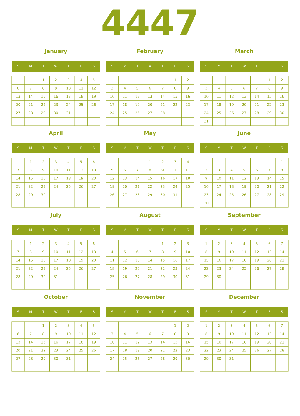 Printable 4447 Year Calendars chartreuse