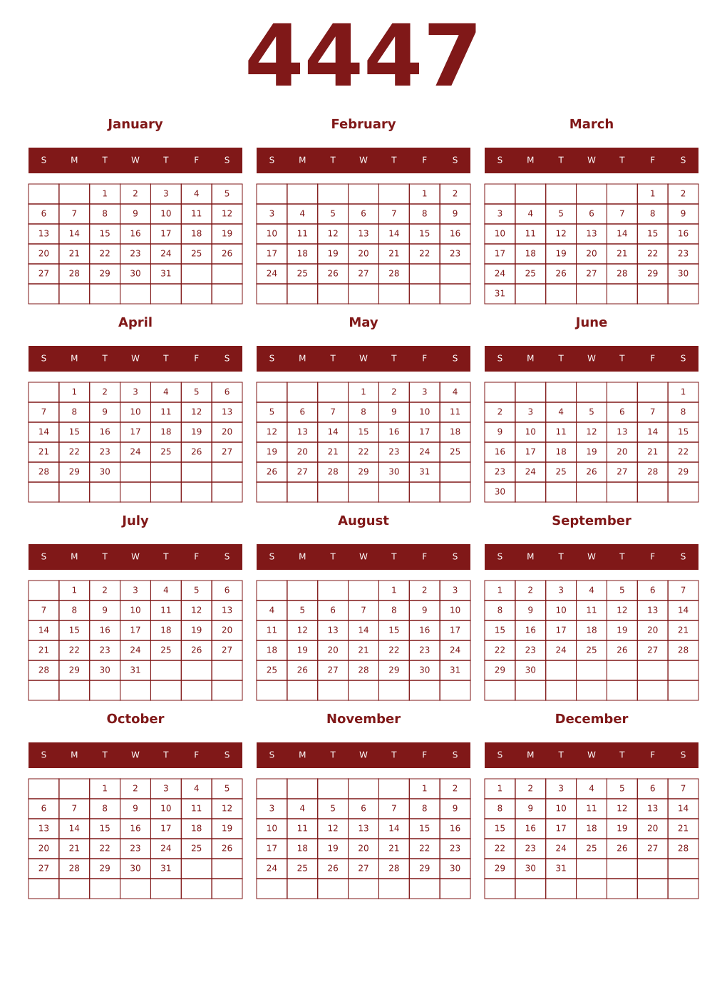 Printable 4447 Year Calendars falu