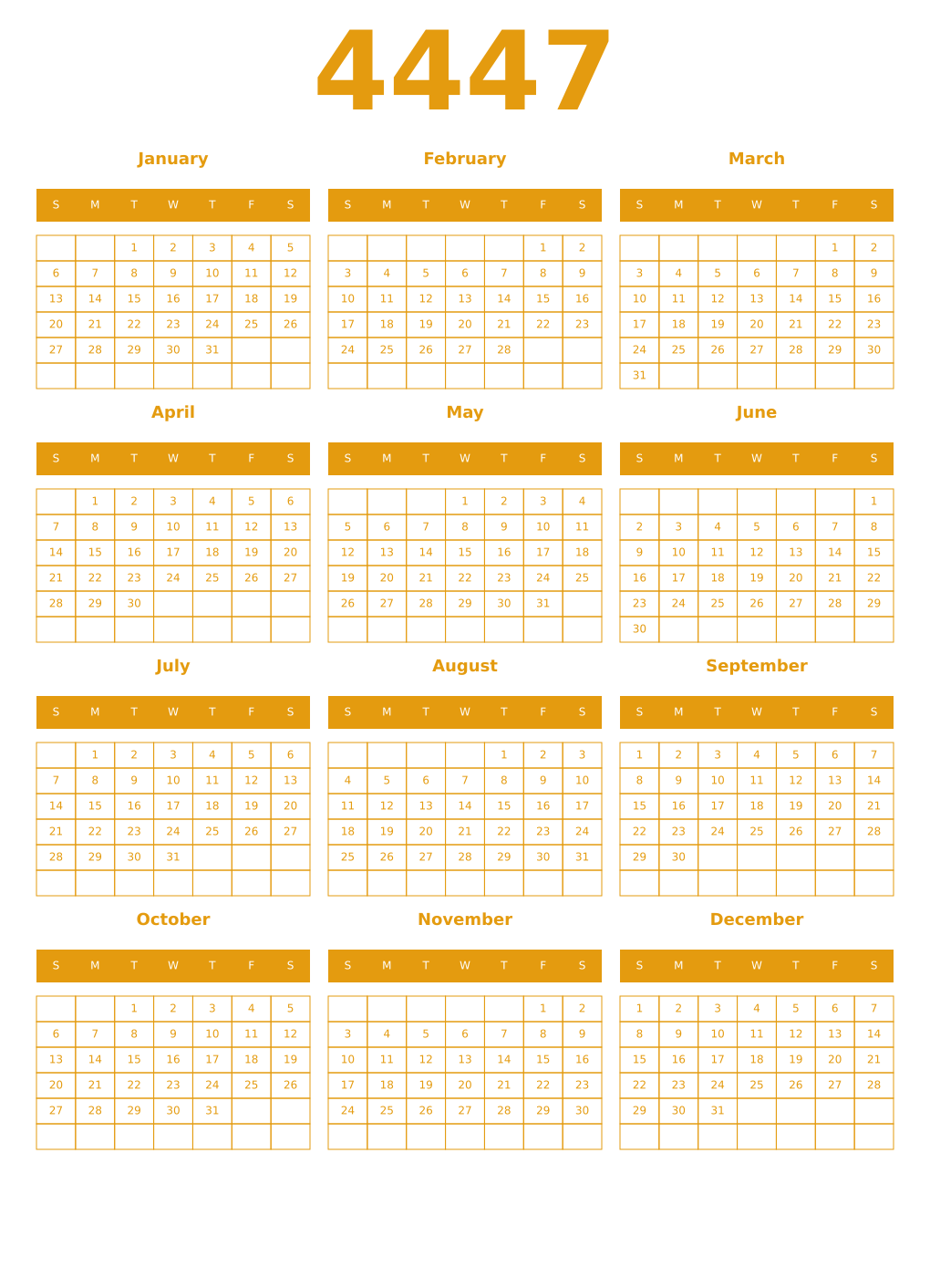 Printable 4447 Year Calendars gamboge