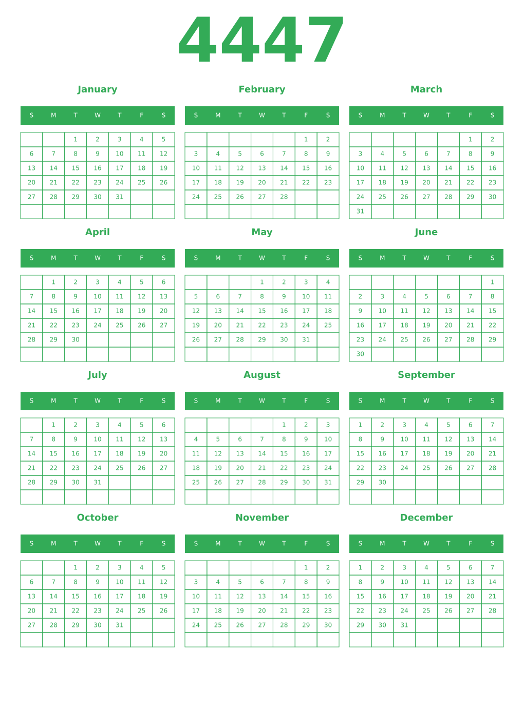 Printable 4447 Year Calendars green
