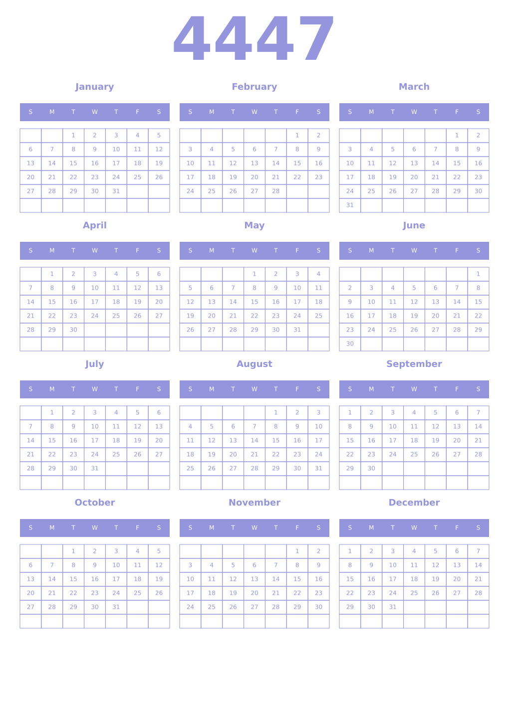Printable 4447 Year Calendars periwinkle