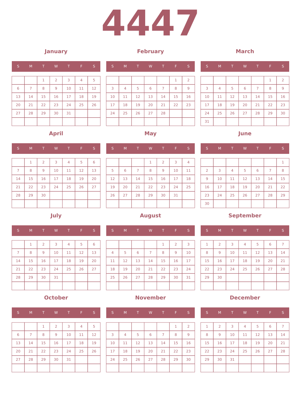 Printable 4447 Year Calendars puce