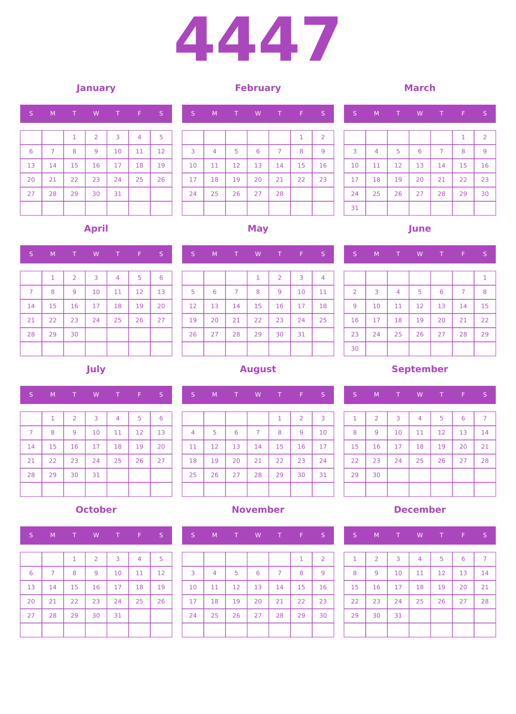 Printable 4447 Year Calendars purple