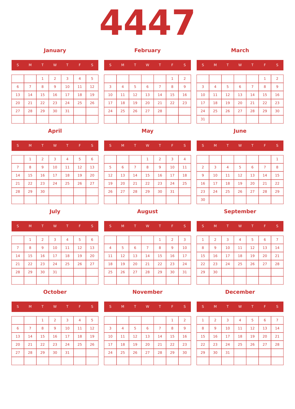 Printable 4447 Year Calendars red