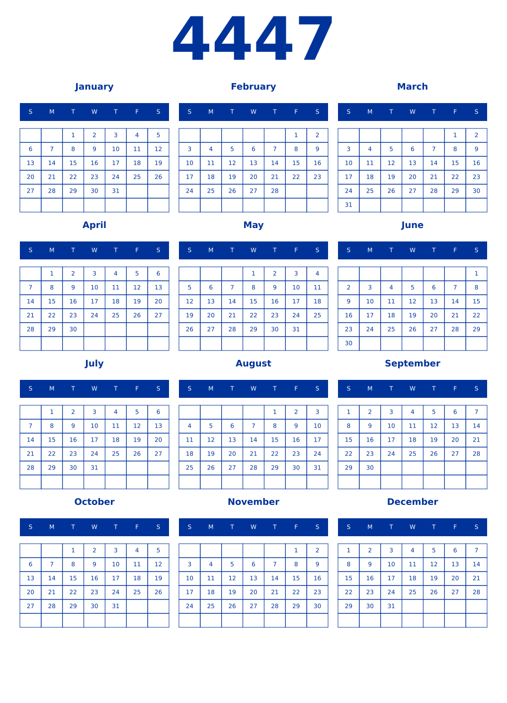 Printable 4447 Year Calendars smalt
