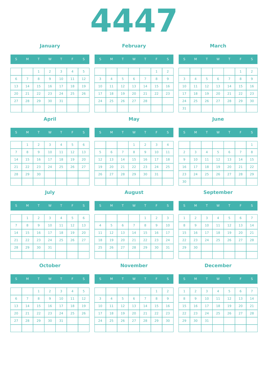 Printable 4447 Year Calendars verdigris