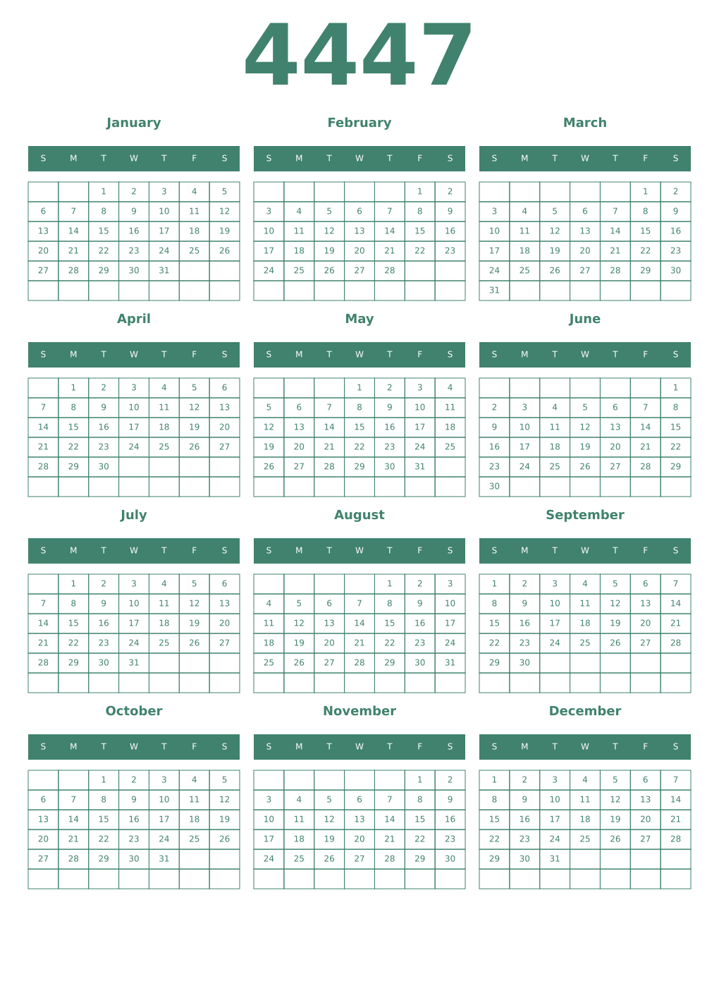 Printable 4447 Year Calendars viridian
