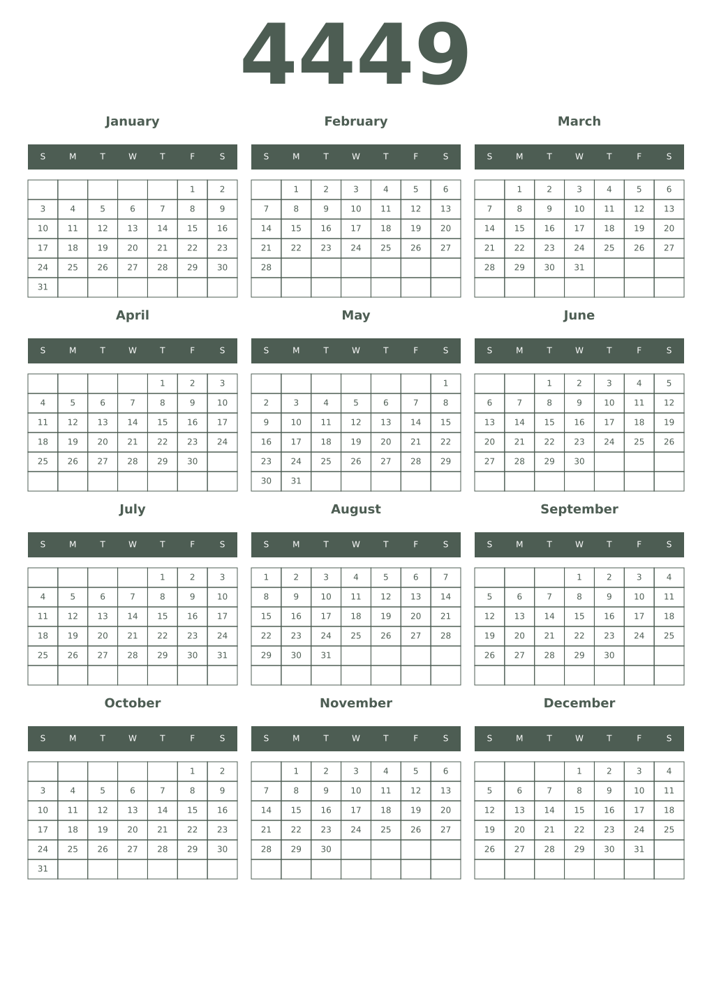 Printable 4449 Year Calendars feldgrau