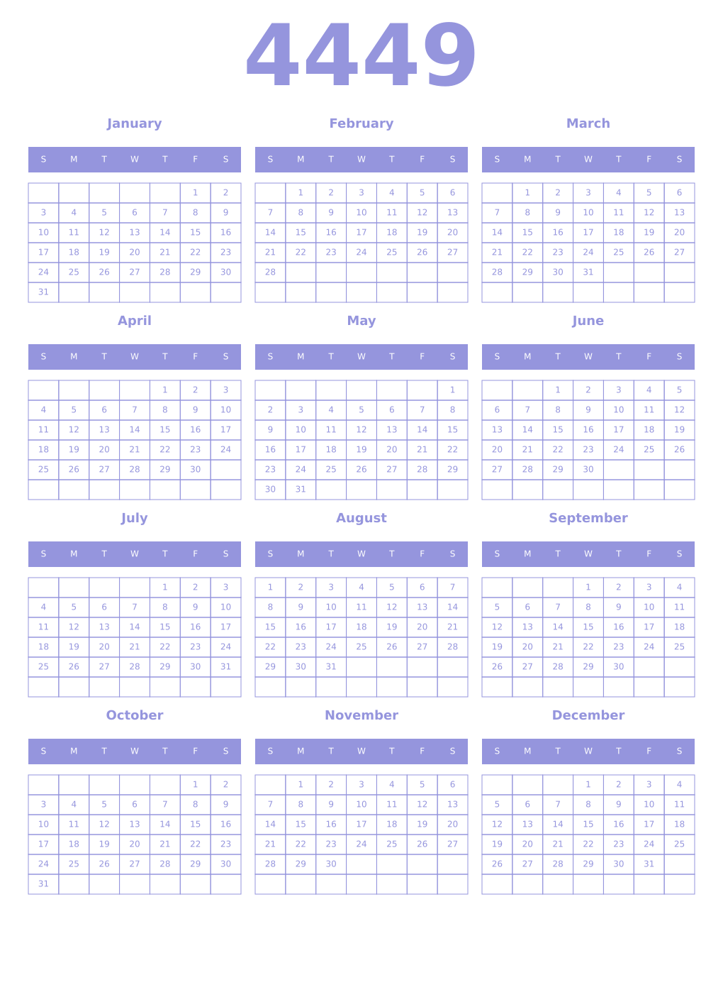 Printable 4449 Year Calendars periwinkle
