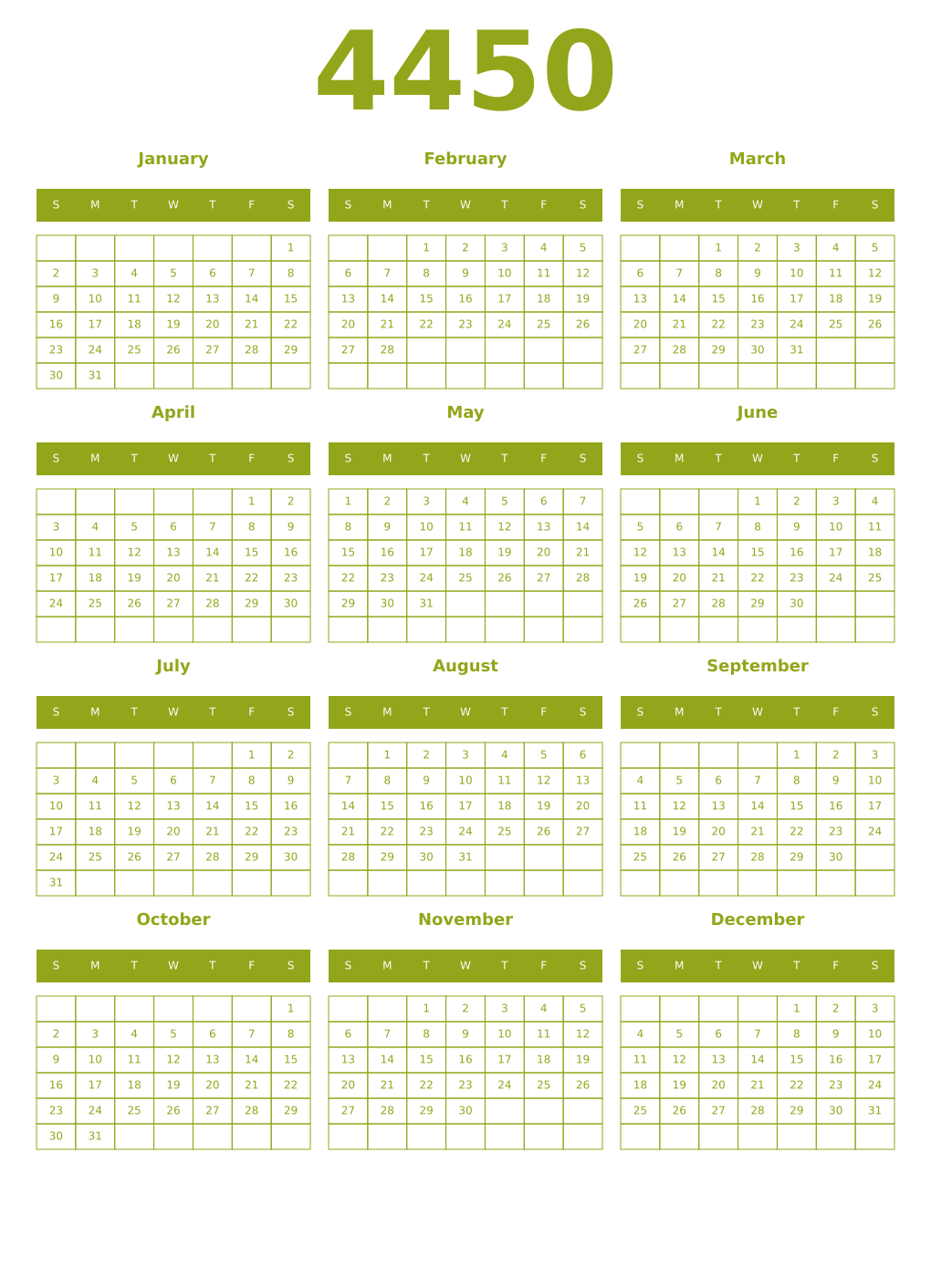 Printable 4450 Year Calendars chartreuse