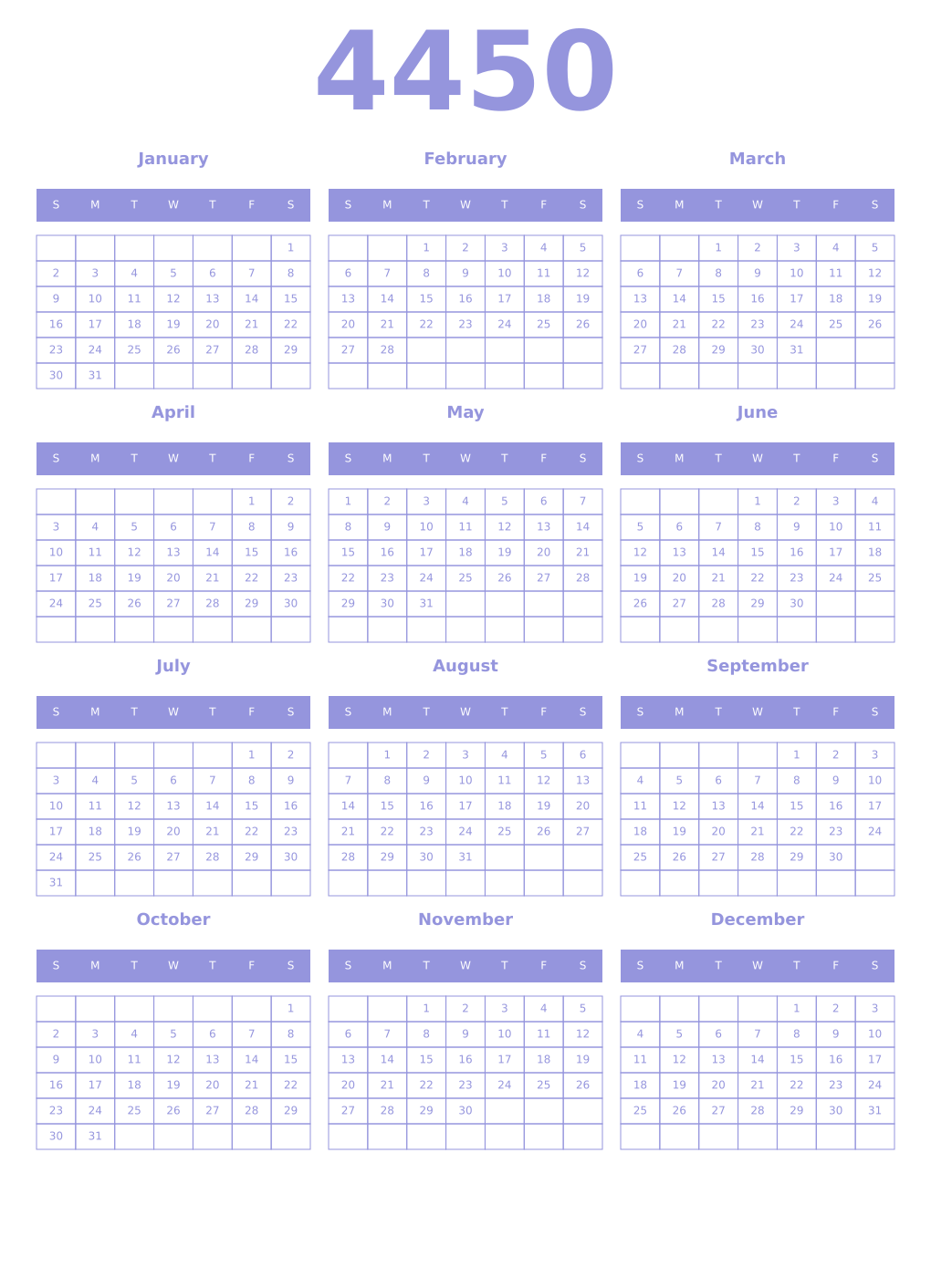 Printable 4450 Year Calendars periwinkle