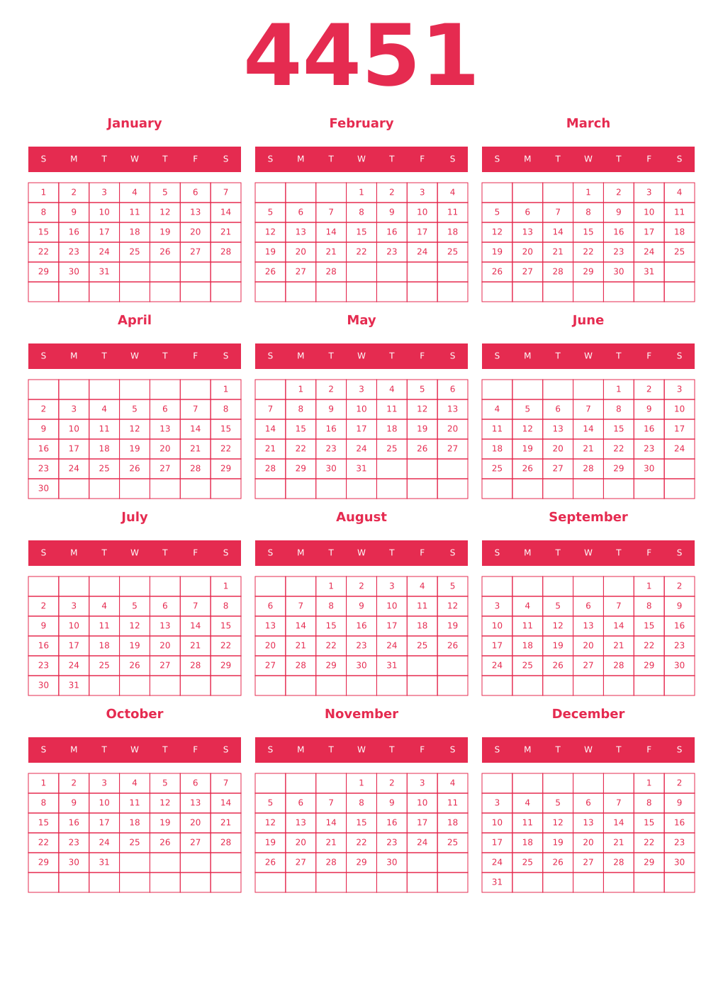 Printable 4451 Year Calendars amaranth