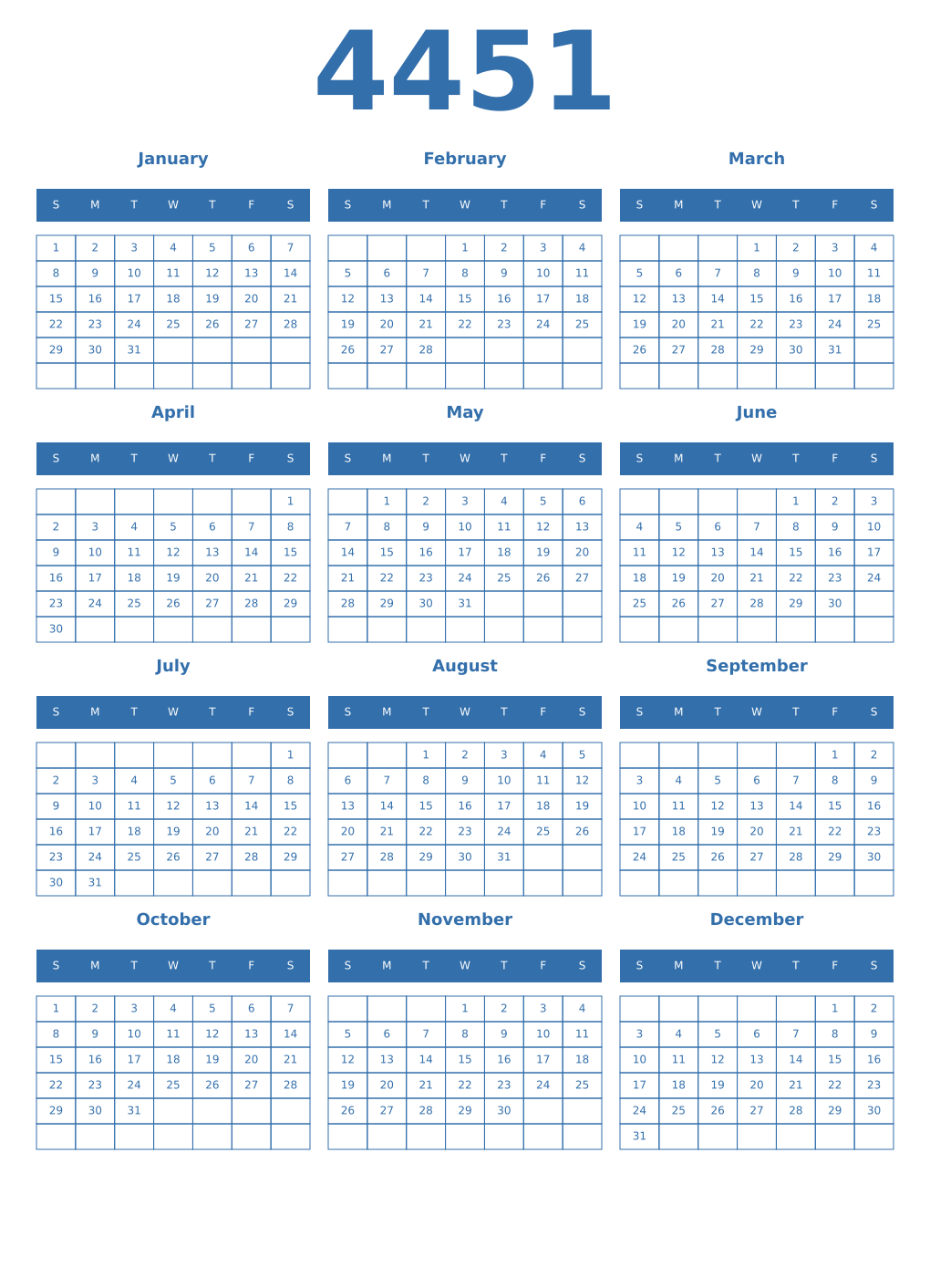 Printable 4451 Year Calendars blue