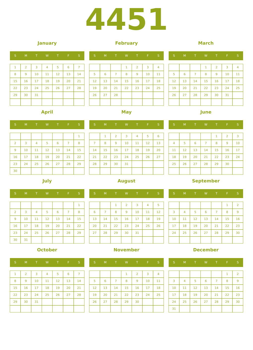 Printable 4451 Year Calendars chartreuse