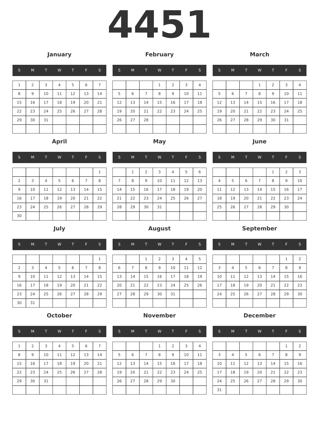 Printable 4451 Year Calendars dark
