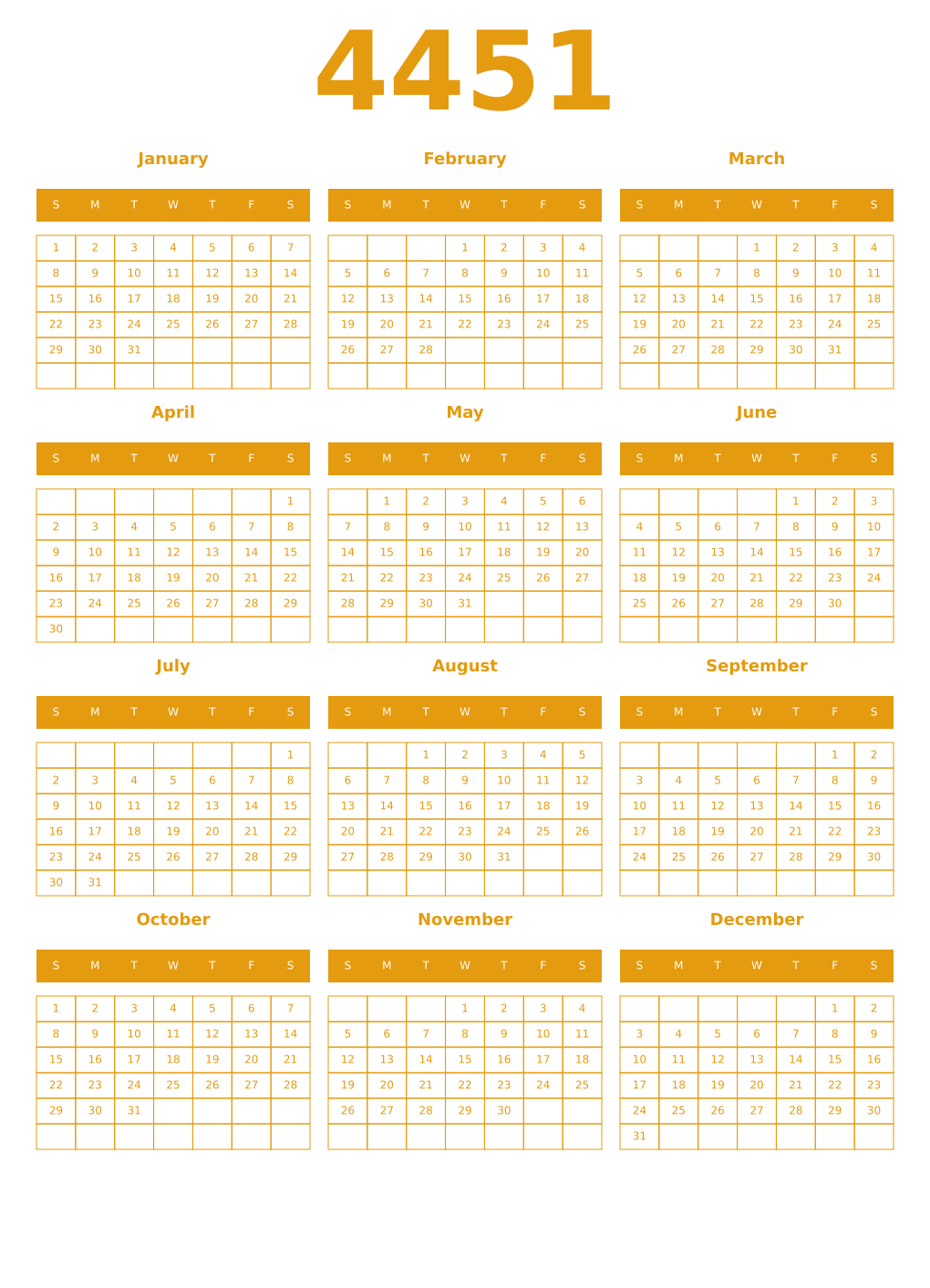 Printable 4451 Year Calendars gamboge