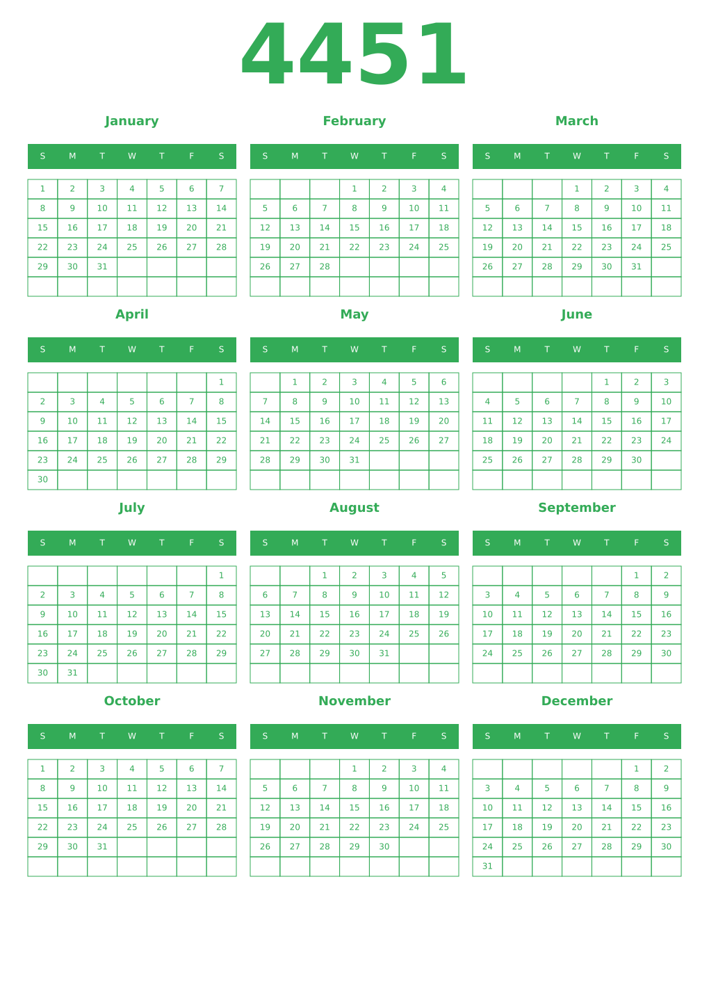Printable 4451 Year Calendars green