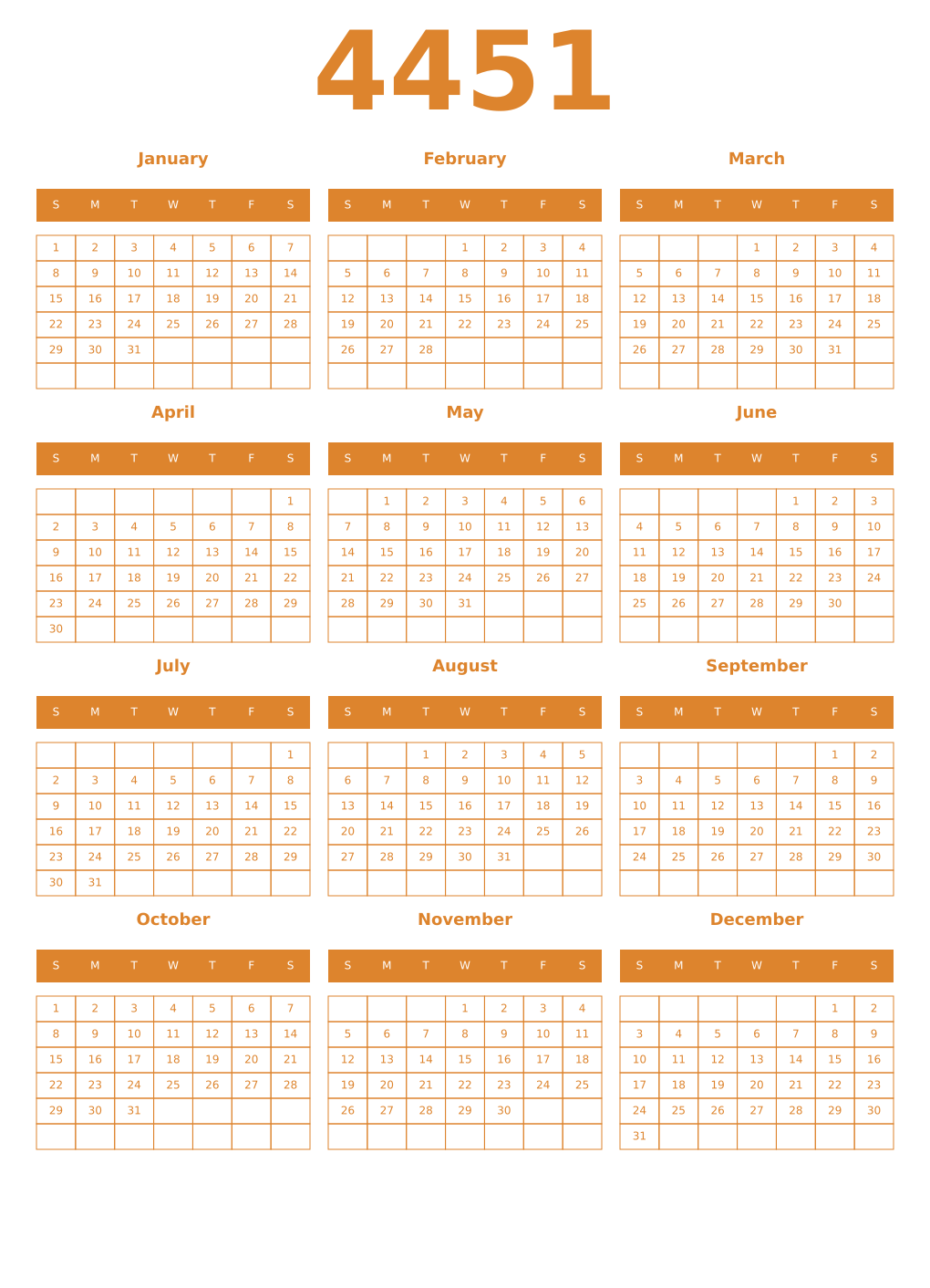 Printable 4451 Year Calendars orange