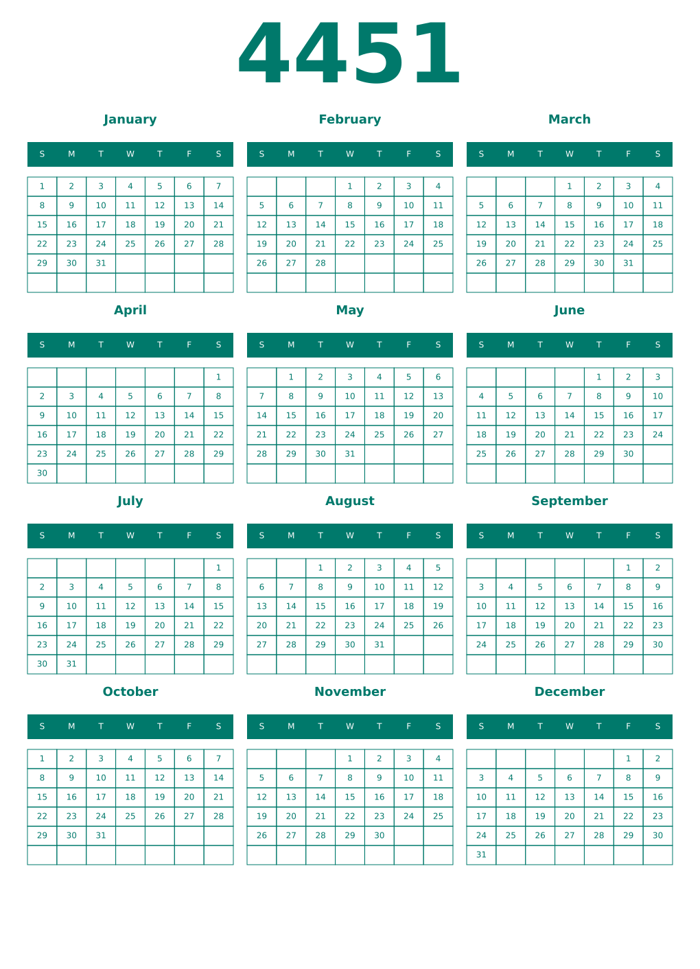 Printable 4451 Year Calendars pastel