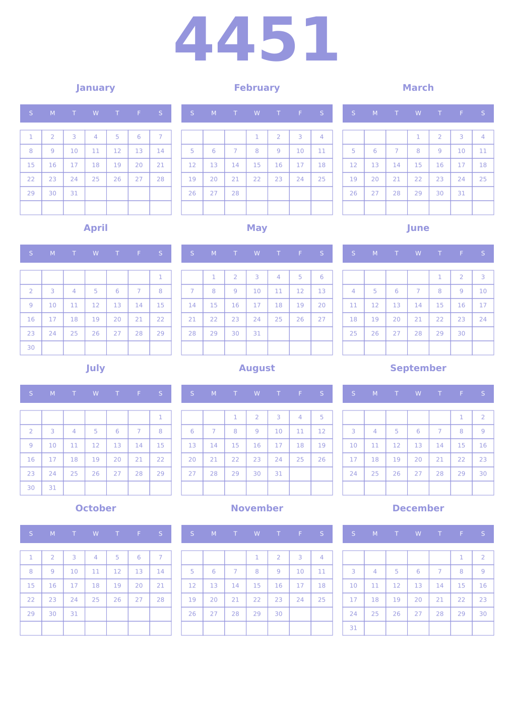 Printable 4451 Year Calendars periwinkle