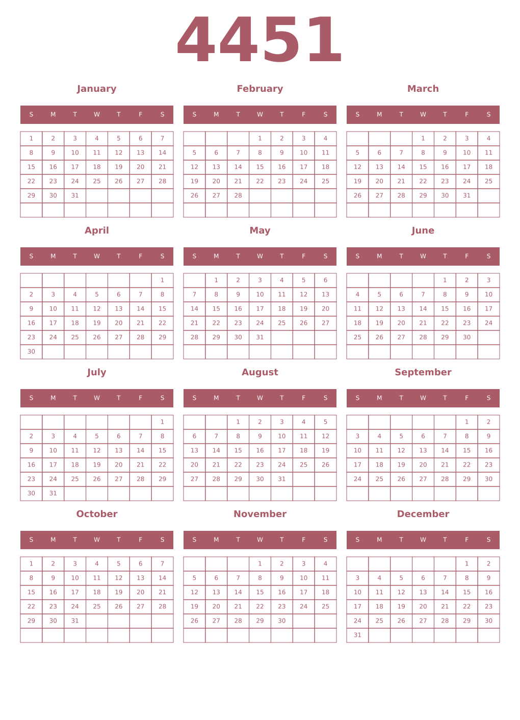 Printable 4451 Year Calendars puce
