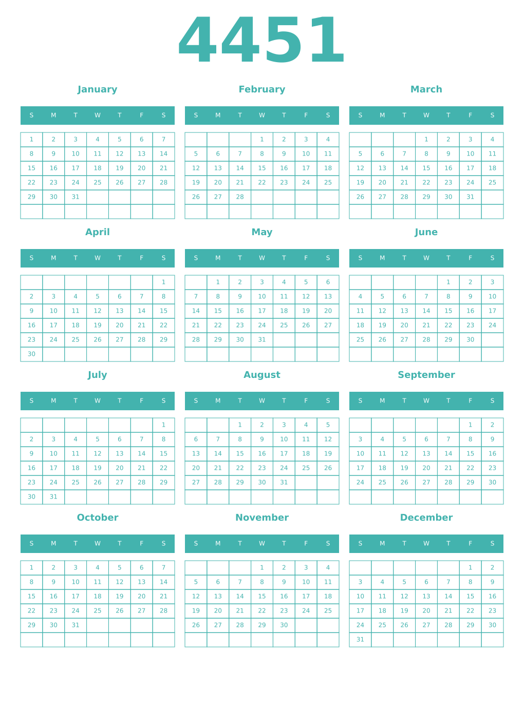Printable 4451 Year Calendars verdigris