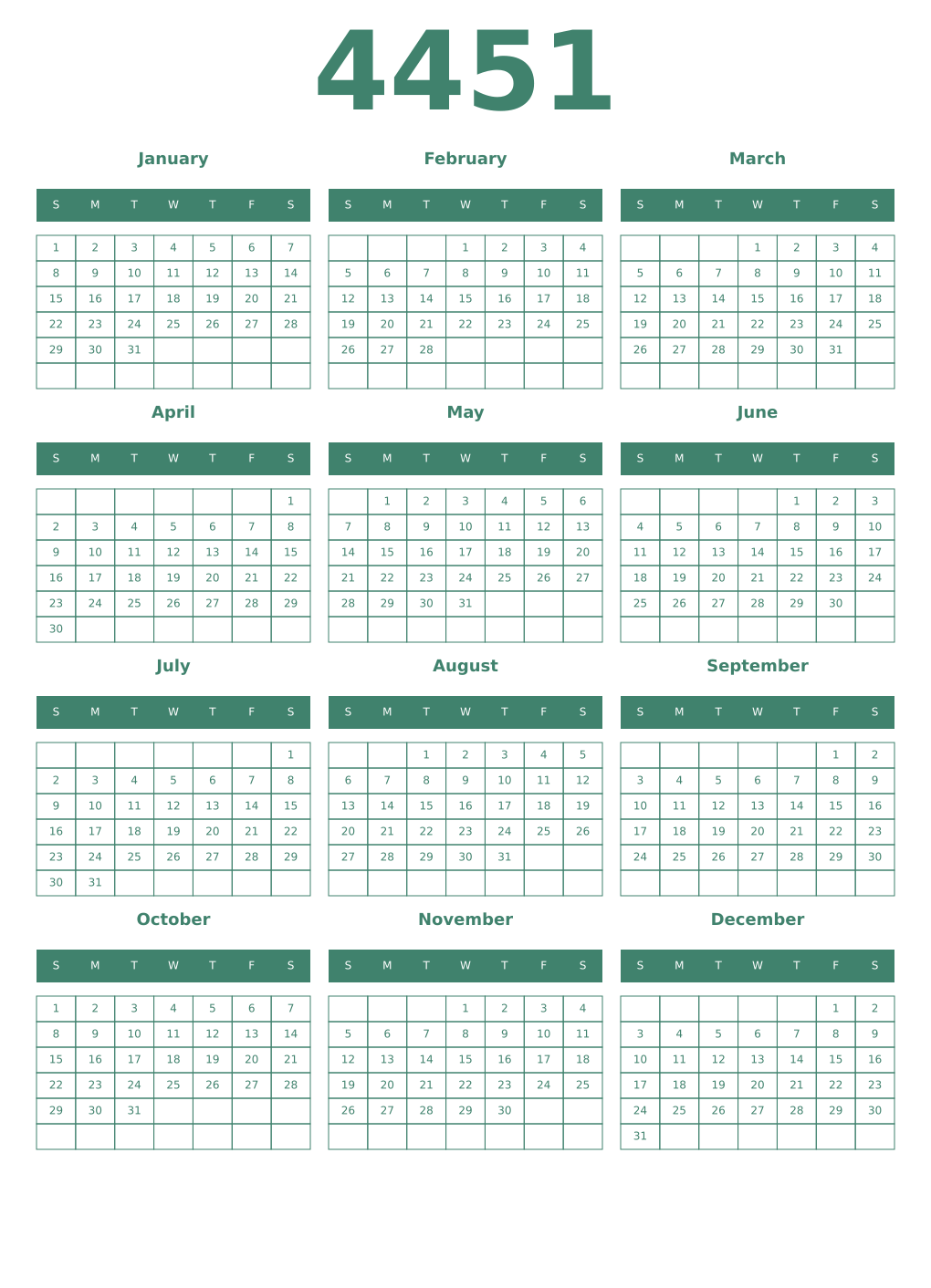 Printable 4451 Year Calendars viridian