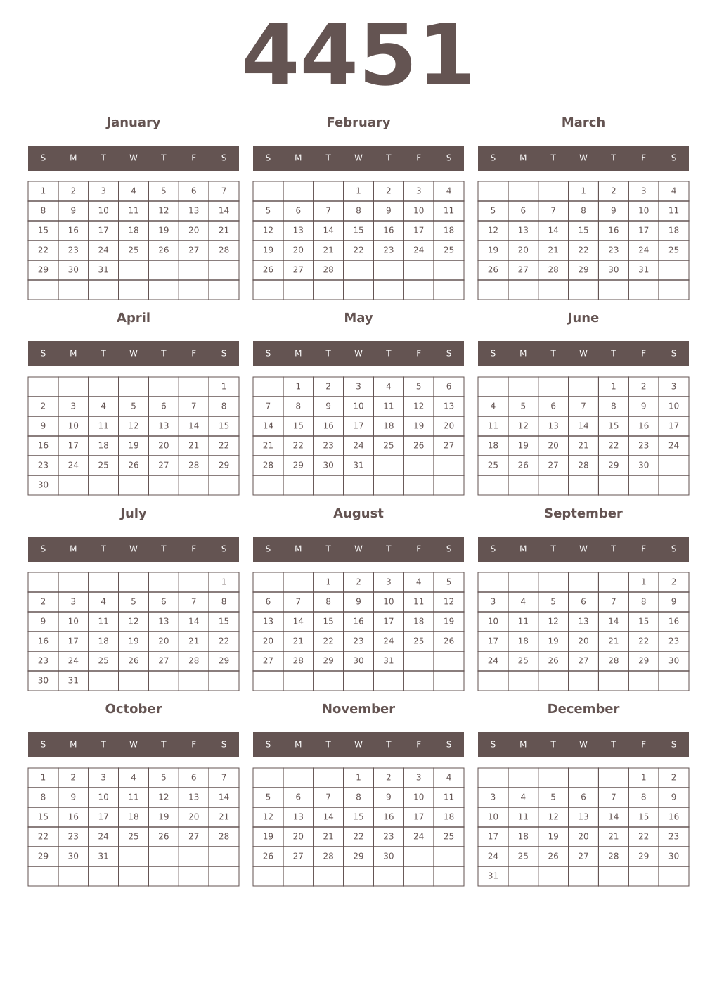 Printable 4451 Year Calendars wenge