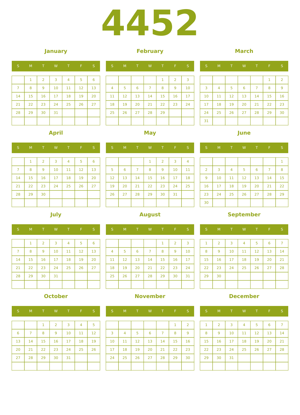 Printable 4452 Year Calendars chartreuse