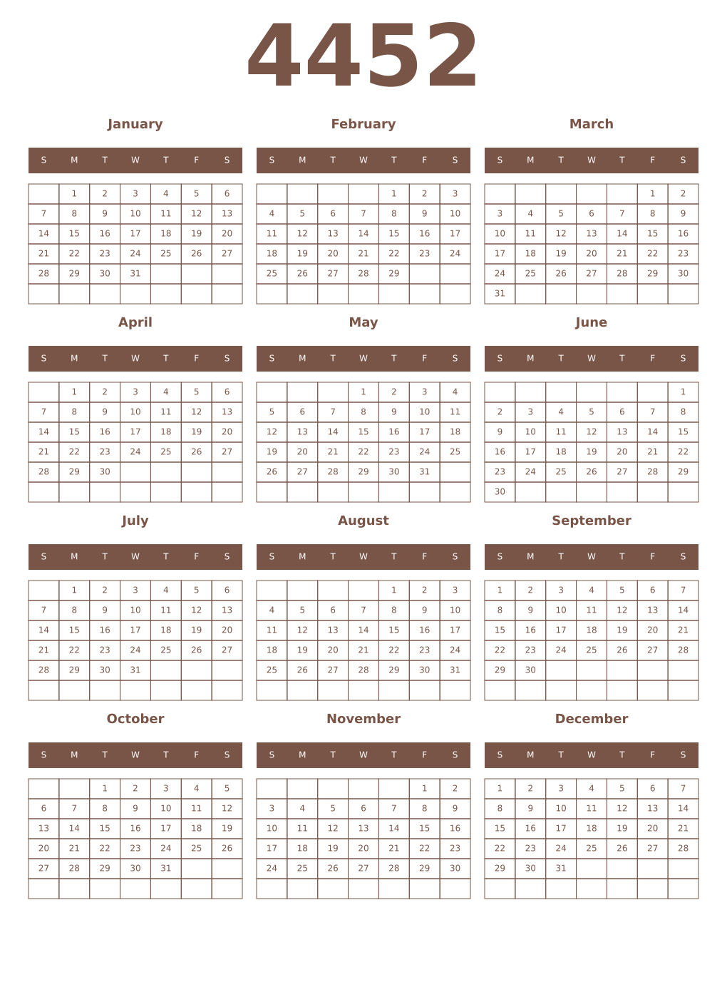 Printable 4452 Year Calendars coffe