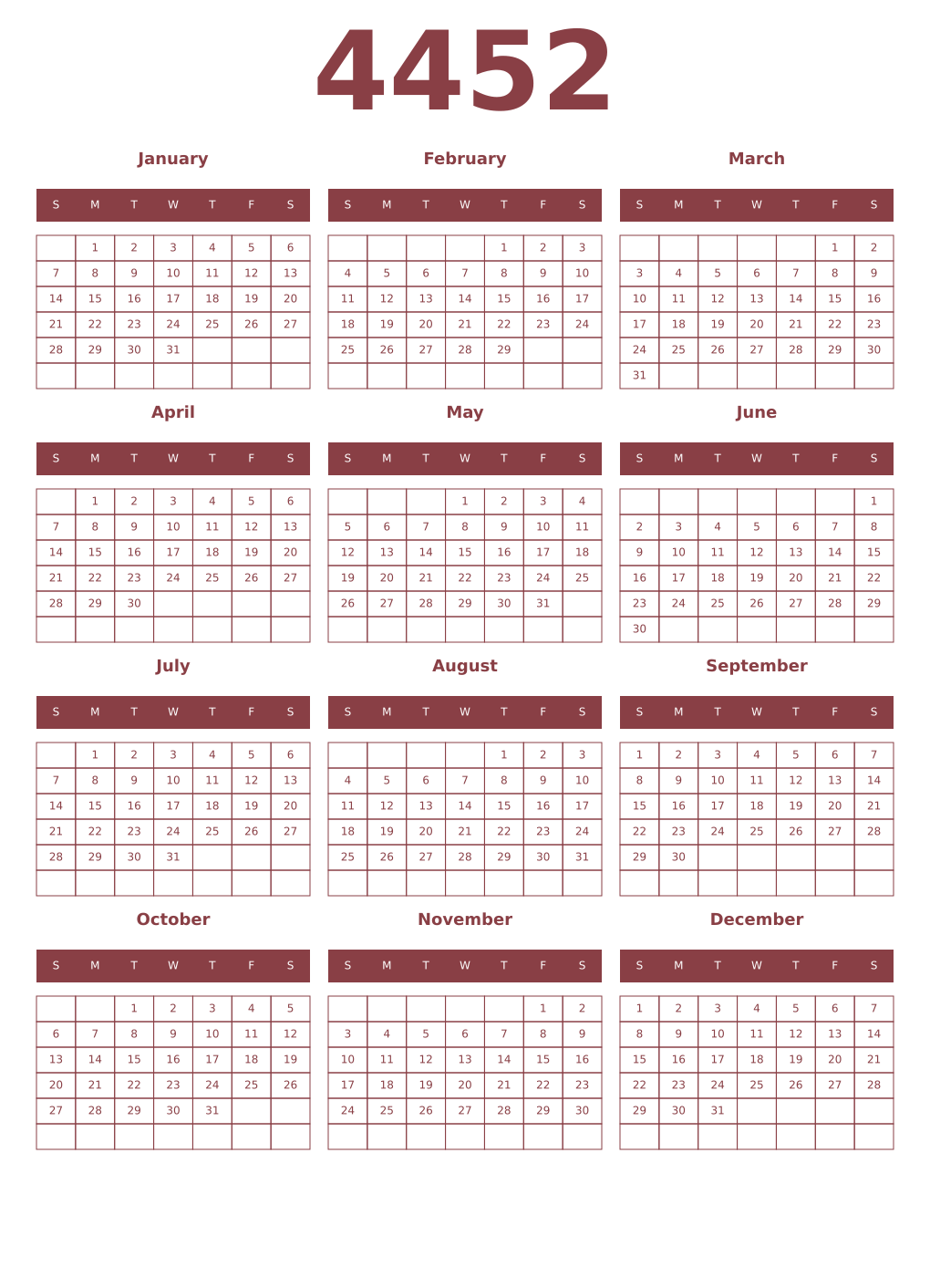 Printable 4452 Year Calendars cordovan
