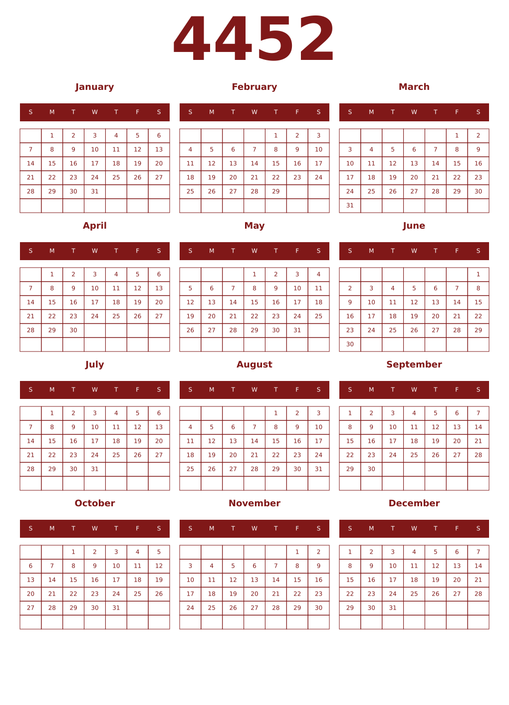 Printable 4452 Year Calendars falu