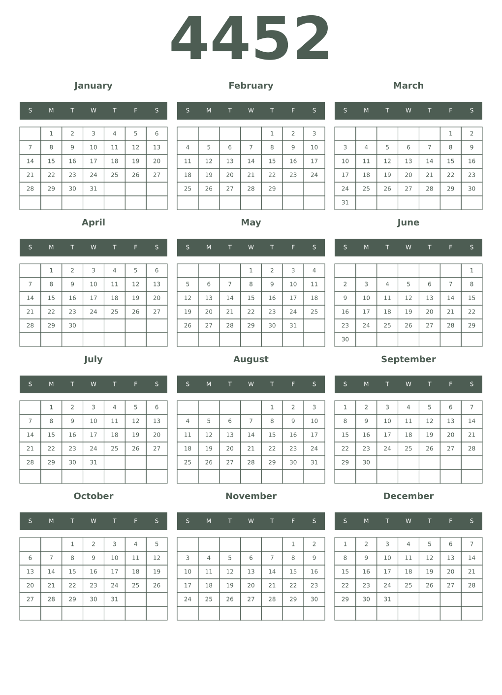 Printable 4452 Year Calendars feldgrau
