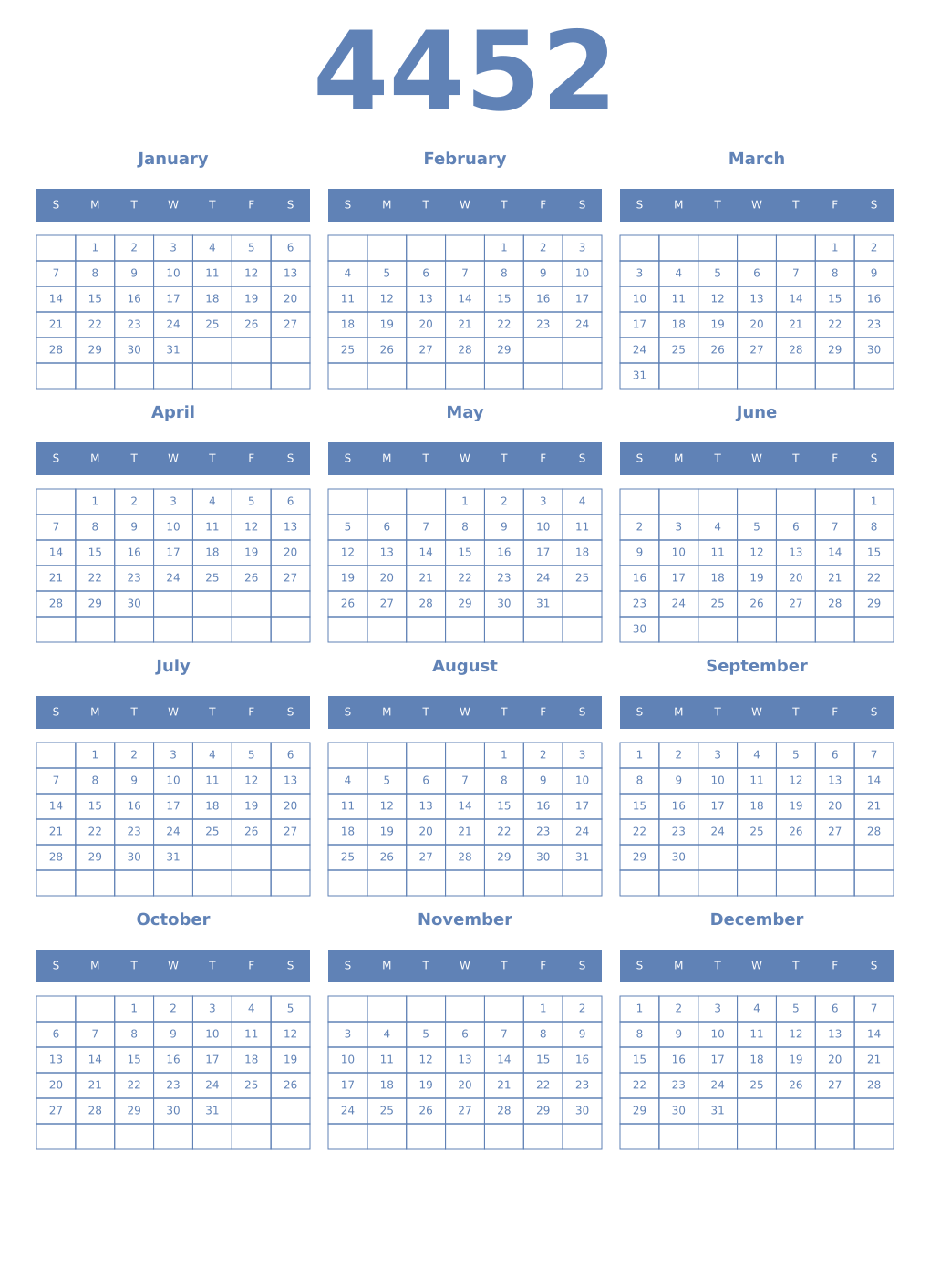 Printable 4452 Year Calendars glaucous
