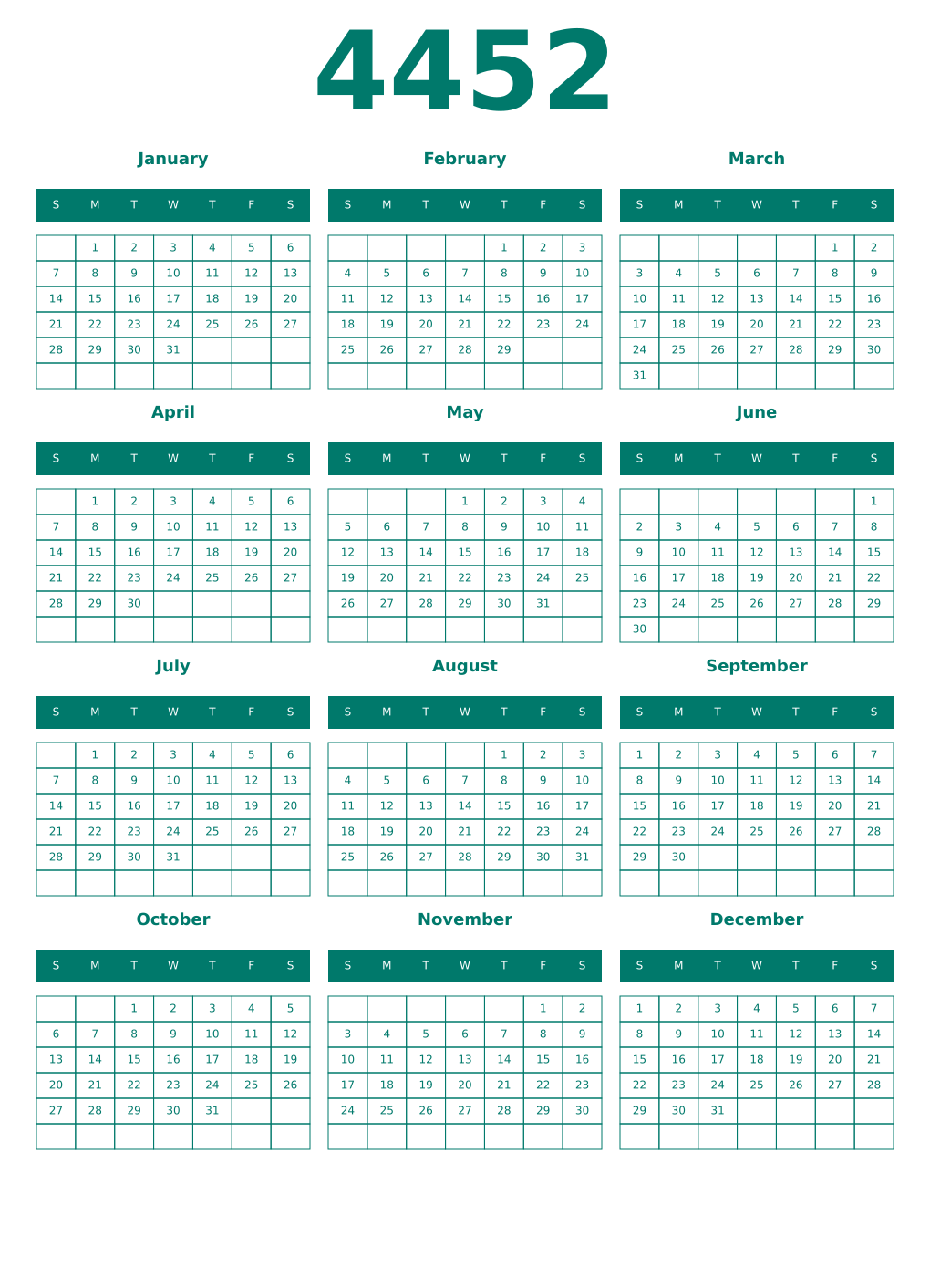 Printable 4452 Year Calendars pastel