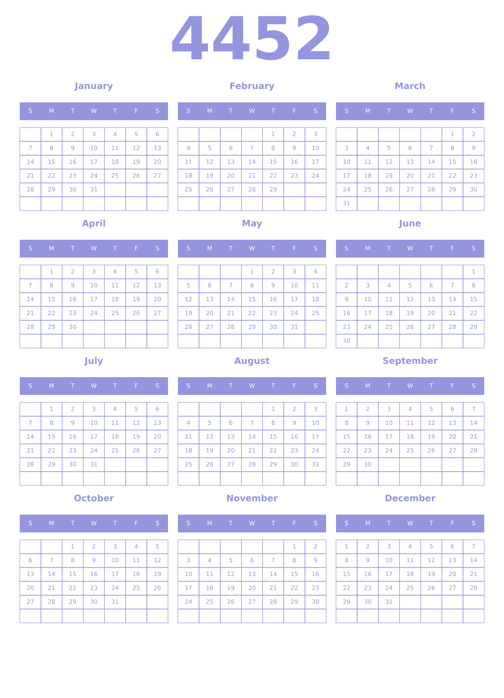 Printable 4452 Year Calendars periwinkle
