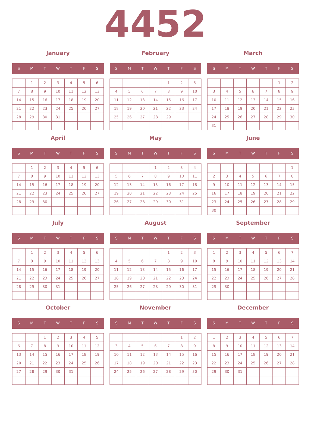 Printable 4452 Year Calendars puce