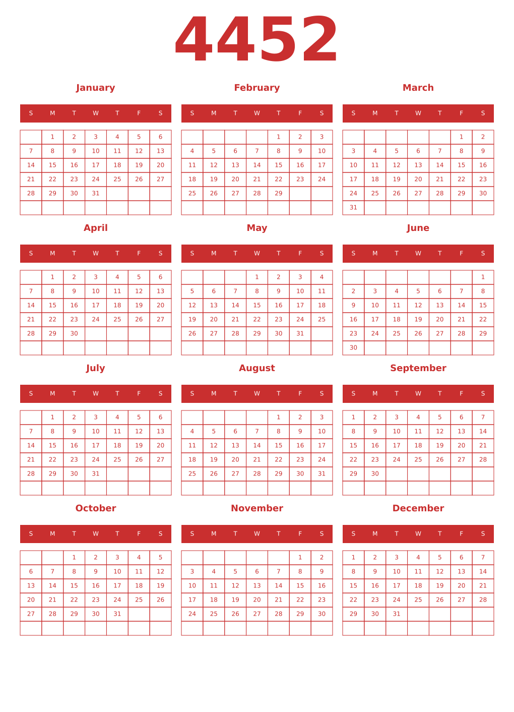 Printable 4452 Year Calendars red