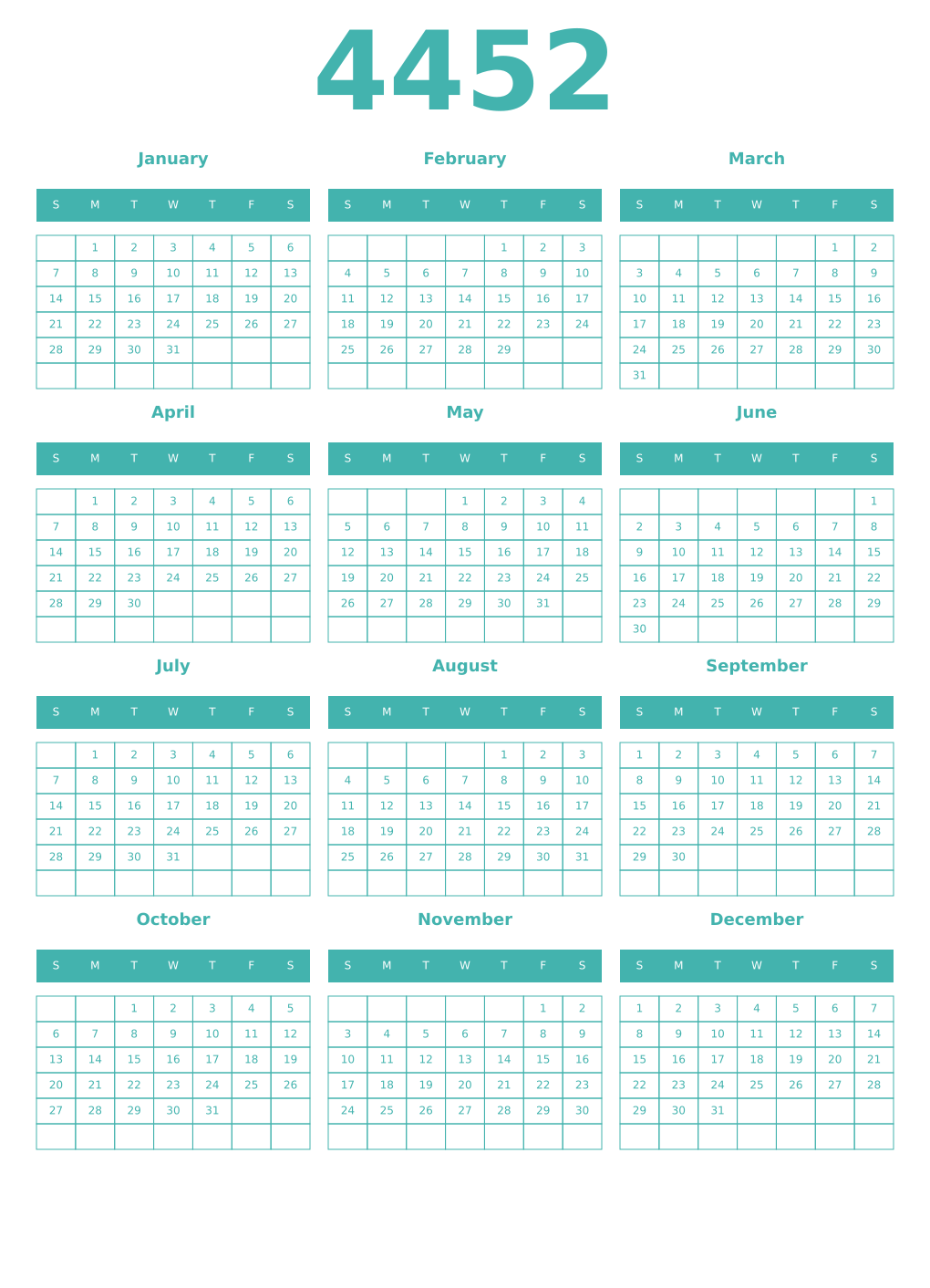Printable 4452 Year Calendars verdigris