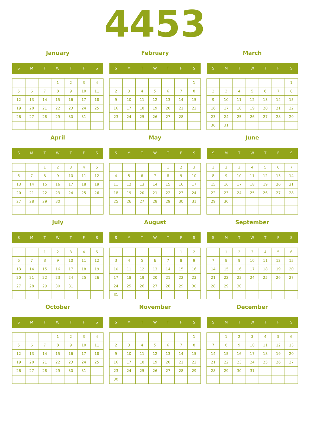 Printable 4453 Year Calendars chartreuse
