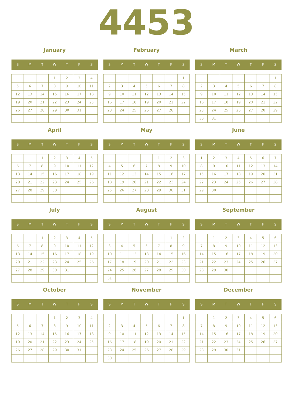 Printable 4453 Year Calendars eburnean