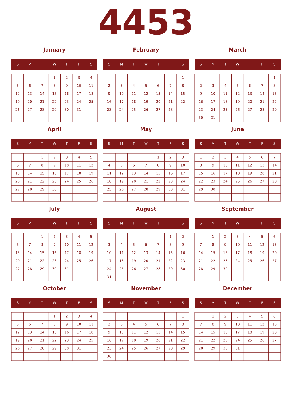Printable 4453 Year Calendars falu