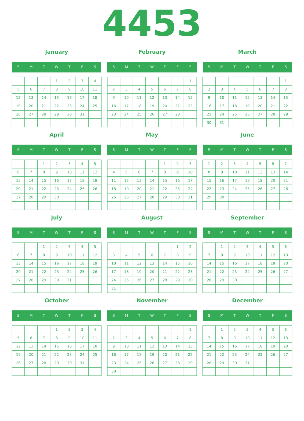 Printable 4453 Year Calendars green