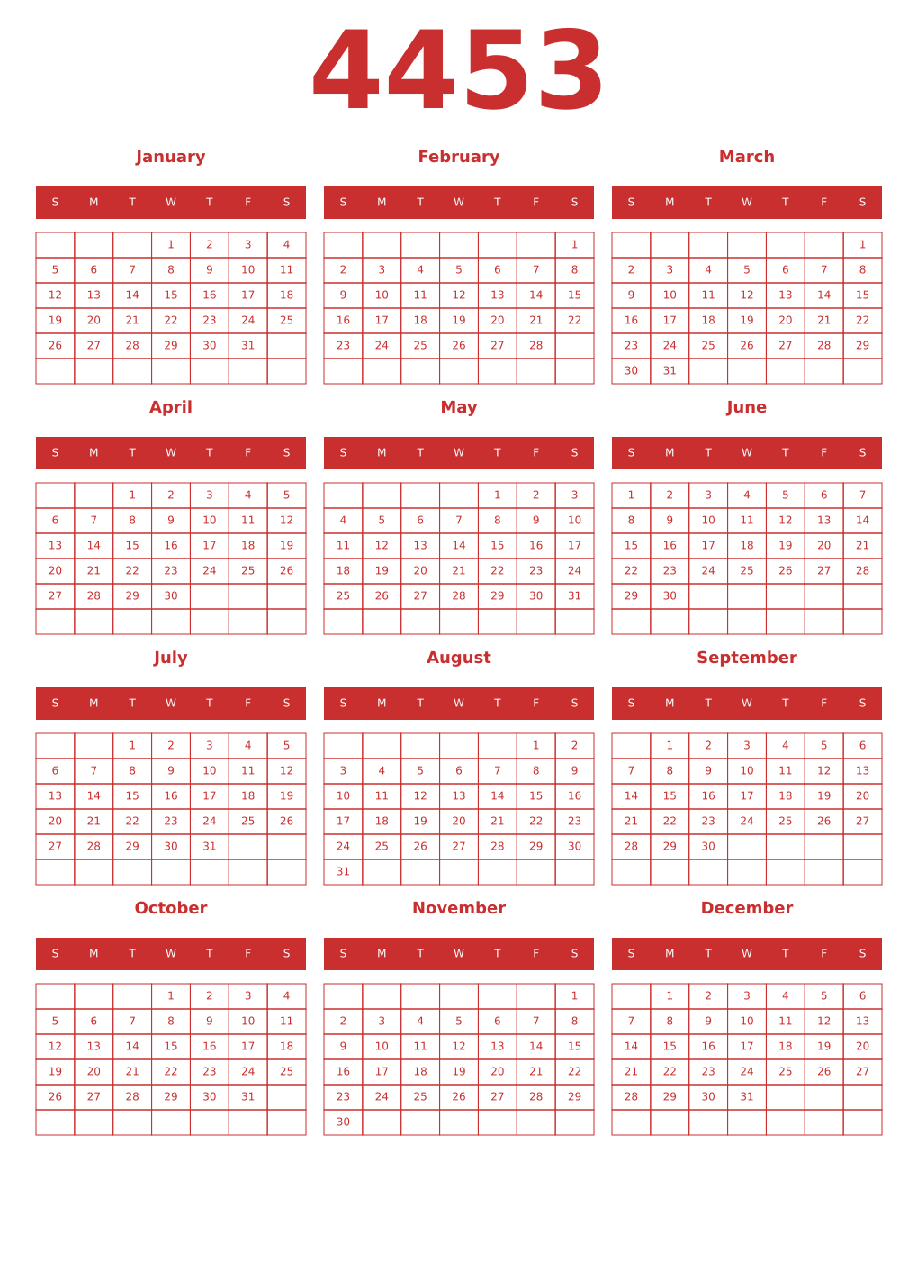 Printable 4453 Year Calendars red
