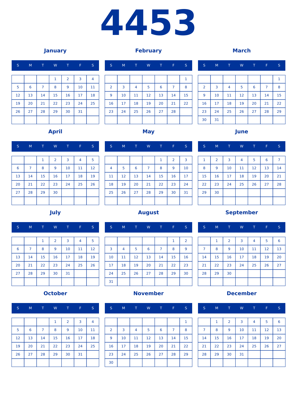 Printable 4453 Year Calendars smalt