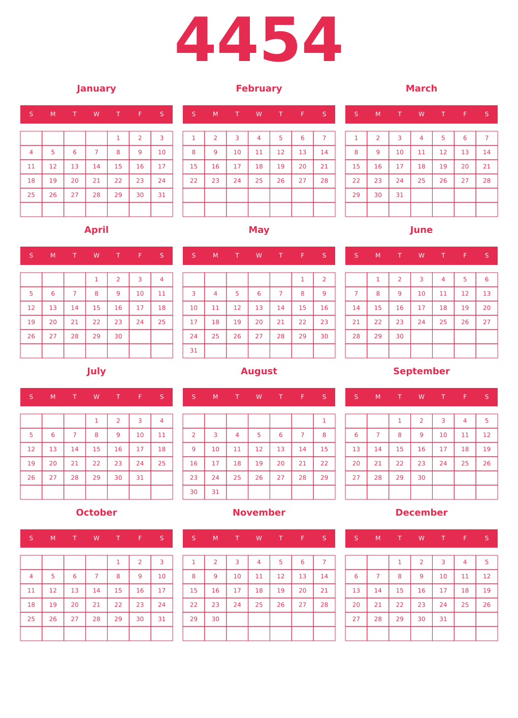Printable 4454 Year Calendars amaranth