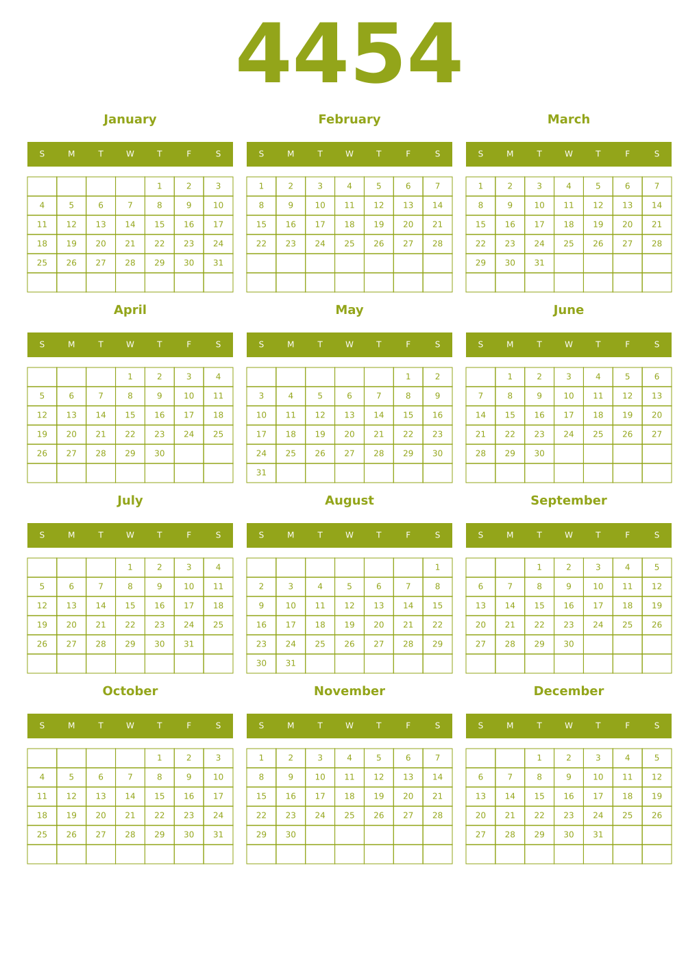 Printable 4454 Year Calendars chartreuse