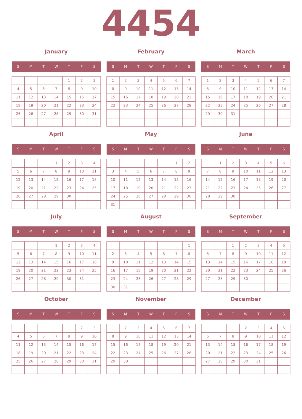 Printable 4454 Year Calendars puce