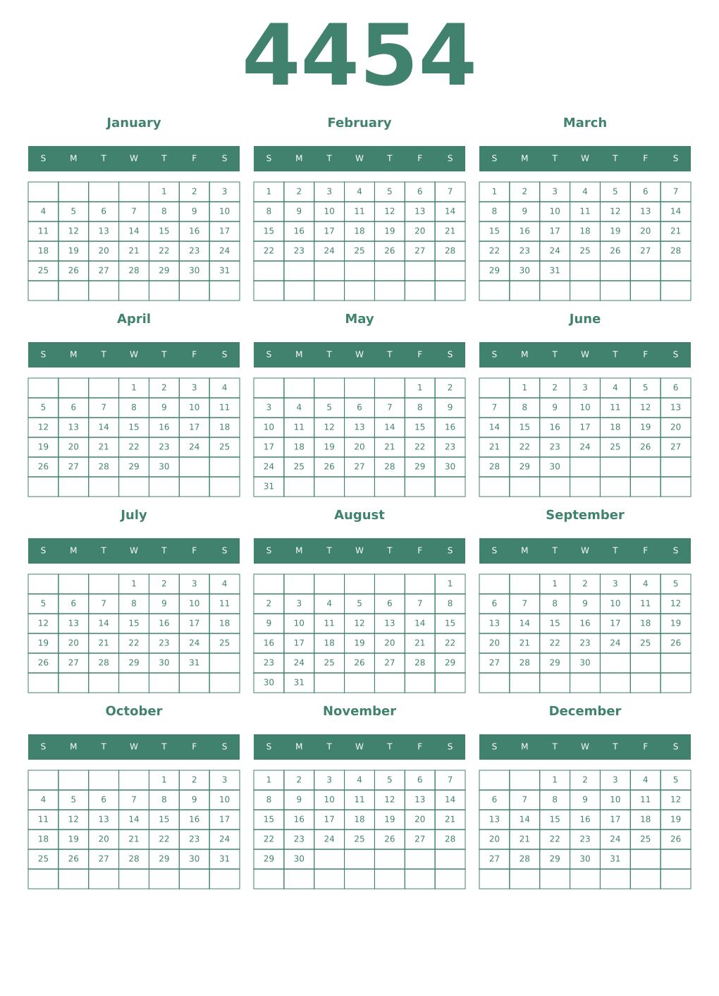 Printable 4454 Year Calendars viridian