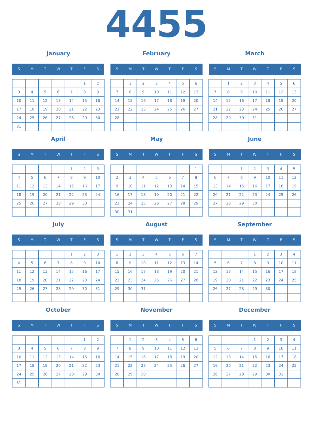 Printable 4455 Year Calendars blue
